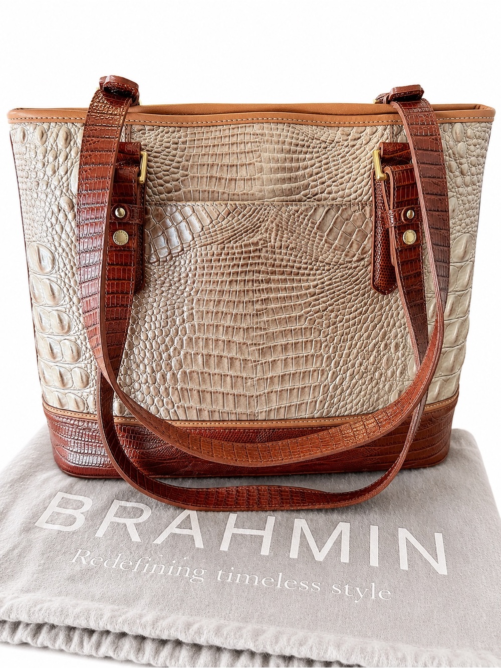 BRAHMIN Croc Embossed Tote Bag – Beige/Brown Colorblock - Picture 10 of 10